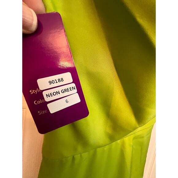 Abby Paris Sz 6 Cowl Neck Corset Back Neon Green Long Gown w/ Ruched Side‎ NEW! - Picture 5 of 7